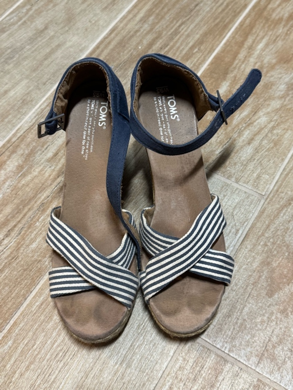 TOMS Navy and White Striped Crisscross Wedges